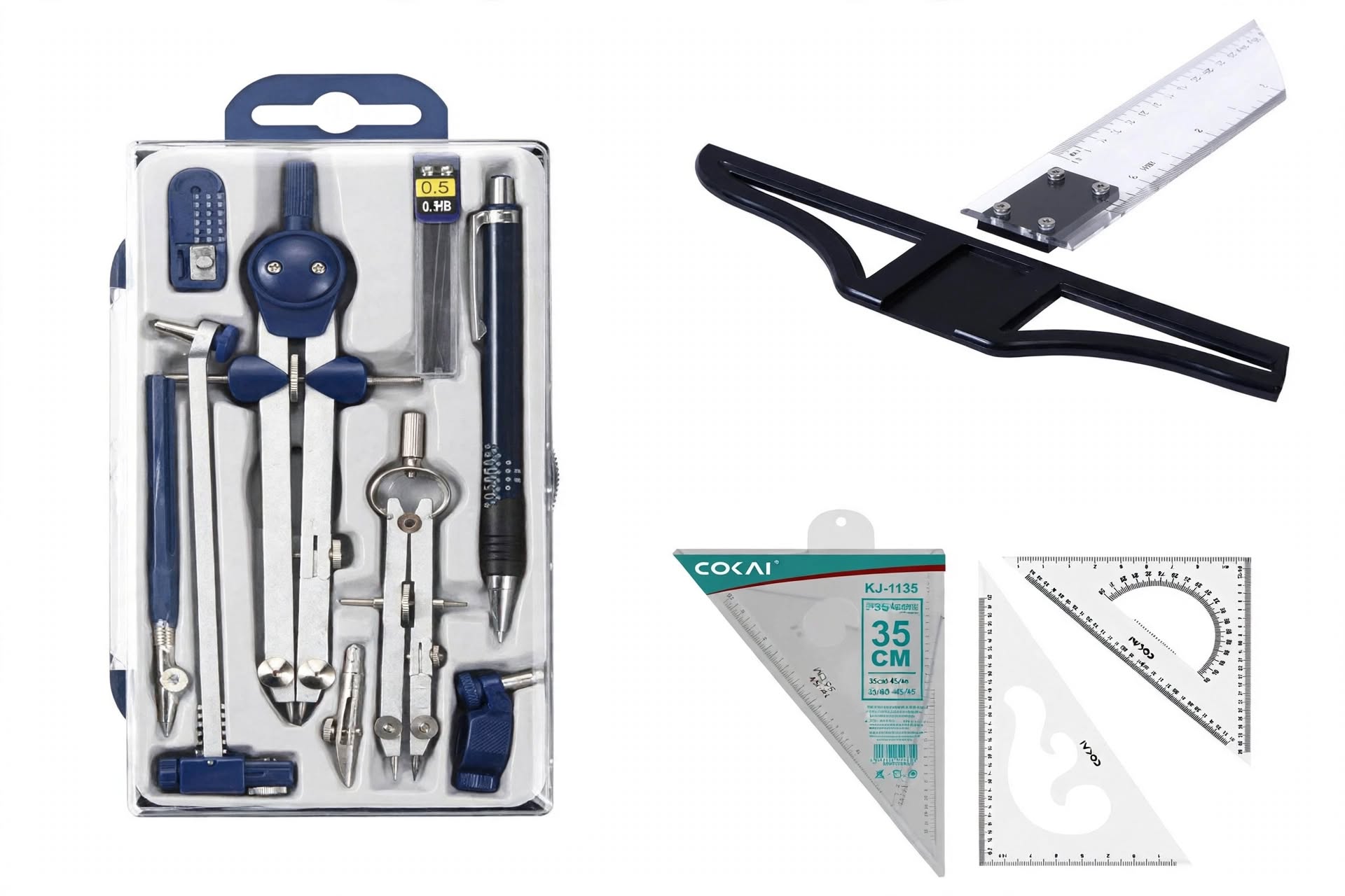 Complete Technical Drawing Kit Bundle – 9Pcs Metal Compass Set + 60cm T-Square + 35cm Set Square with Protractor Scale | Full Drafting Tools Package for Engineering & Architecture Students, Engineers