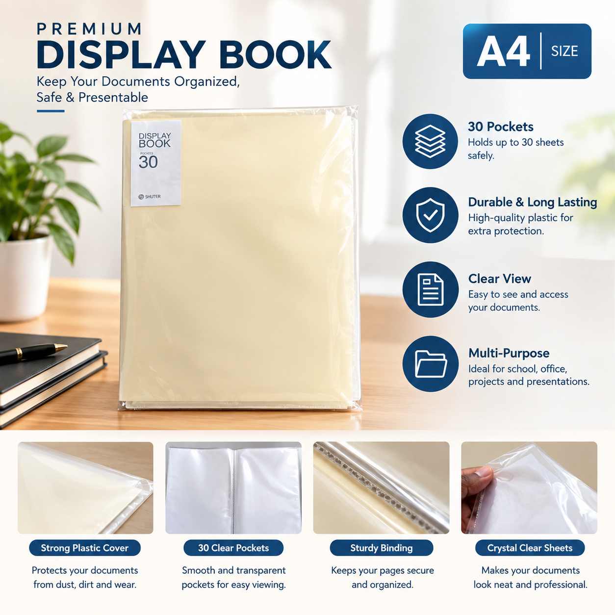 30 Pockets Premium A4 Display Book  – Clear Plastic Document File Folder with Transparent Pockets | Presentation File for Certificates, CVs, School Work & Office Documents