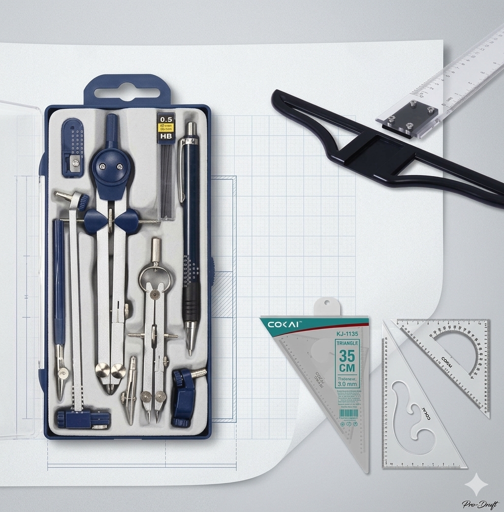 Complete Technical Drawing Kit Bundle – 9Pcs Metal Compass Set + 60cm T-Square + 35cm Set Square with Protractor Scale | Full Drafting Tools Package for Engineering & Architecture Students, Engineers