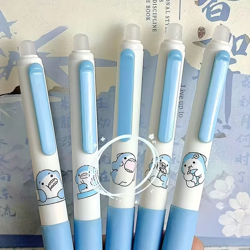 Erasable Gel Pen 5Pcs Set – 0.5mm Blue Ink Writing Pen with Eraser Cap & Cute Cartoon Design, Retractable Click Pen for School, Office & Kids Erasable Pen Set