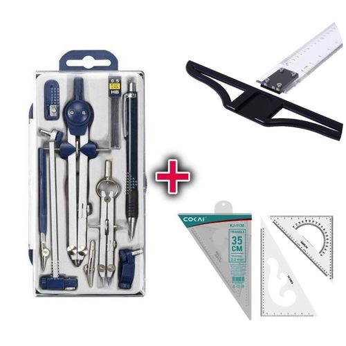 Complete Technical Drawing Kit Bundle – 9Pcs Metal Compass Set + 60cm T-Square + 35cm Set Square with Protractor Scale | Full Drafting Tools Package for Engineering & Architecture Students, Engineers