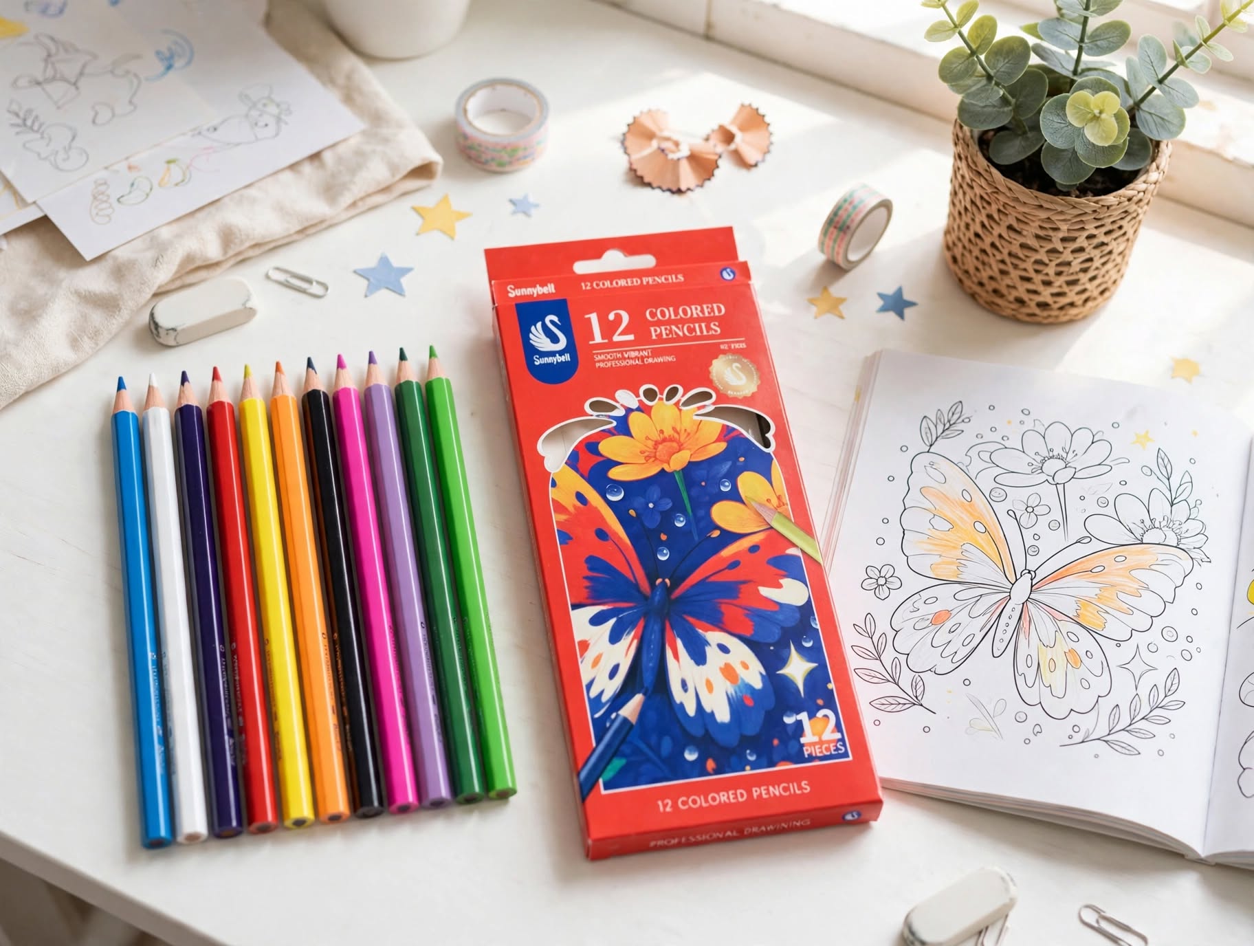 Sunnybellt Colored Pencils 12Pcs – Smooth Vibrant Pencil Colors Set for Drawing, Coloring, Sketching & Art | Non-Toxic Wooden Coloring Pencils for Kids & Adults (HC-2386)