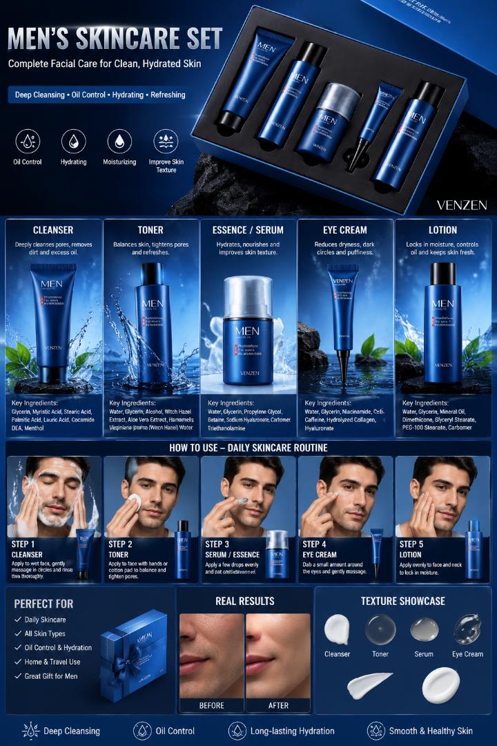 Men’s gift set 5 in1 Professional Skincare Set by VENZEN – Complete Facial mens skin Care set for Cleansing, Moisturizing & Oil Control | mens skin care kit. Best Valentine's gift.