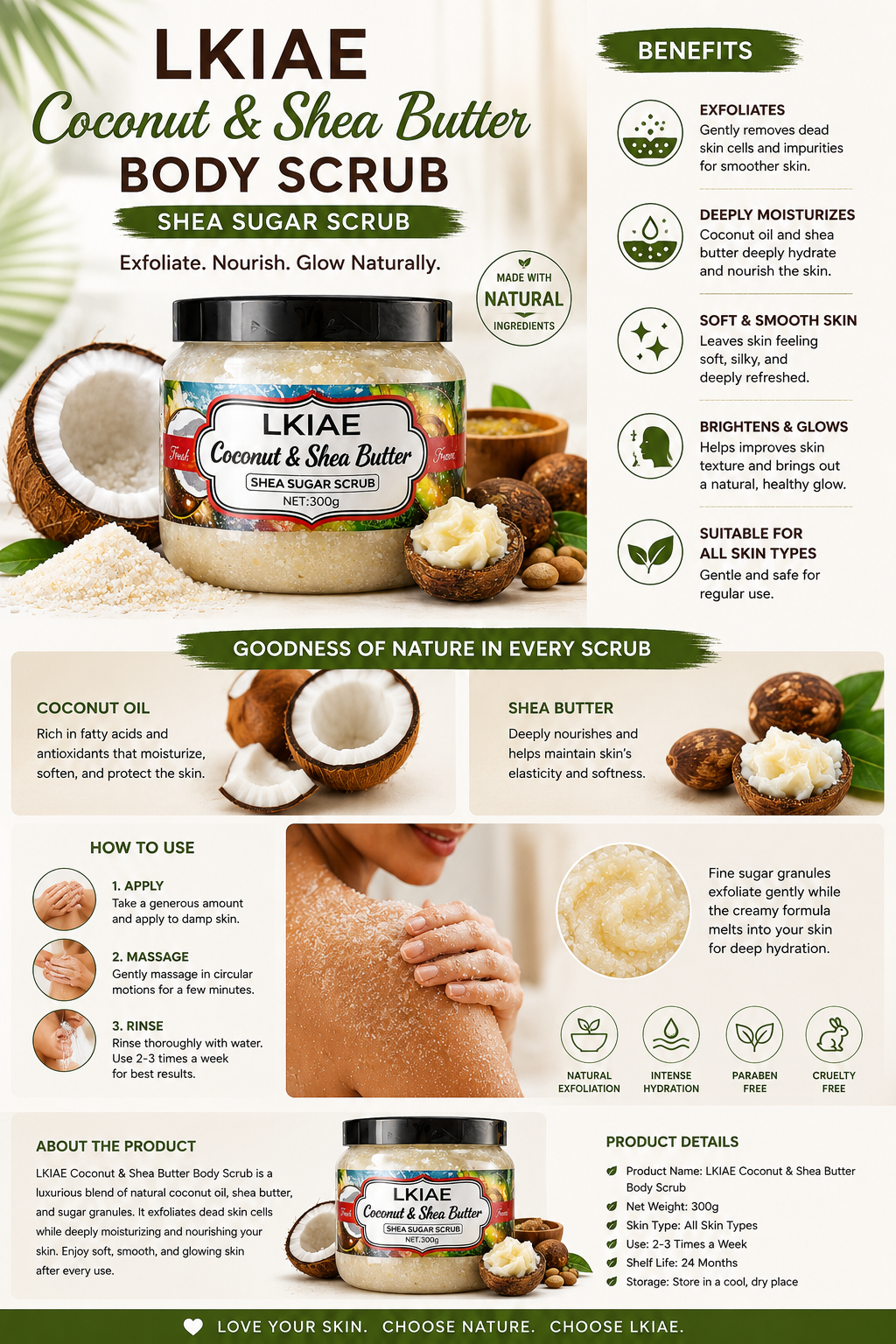 LKIAE Coconut & Shea Butter Body Scrub – Exfoliating Moisturizing Skin Polish with Natural Oils for Smooth, Glowing Skin (300g)