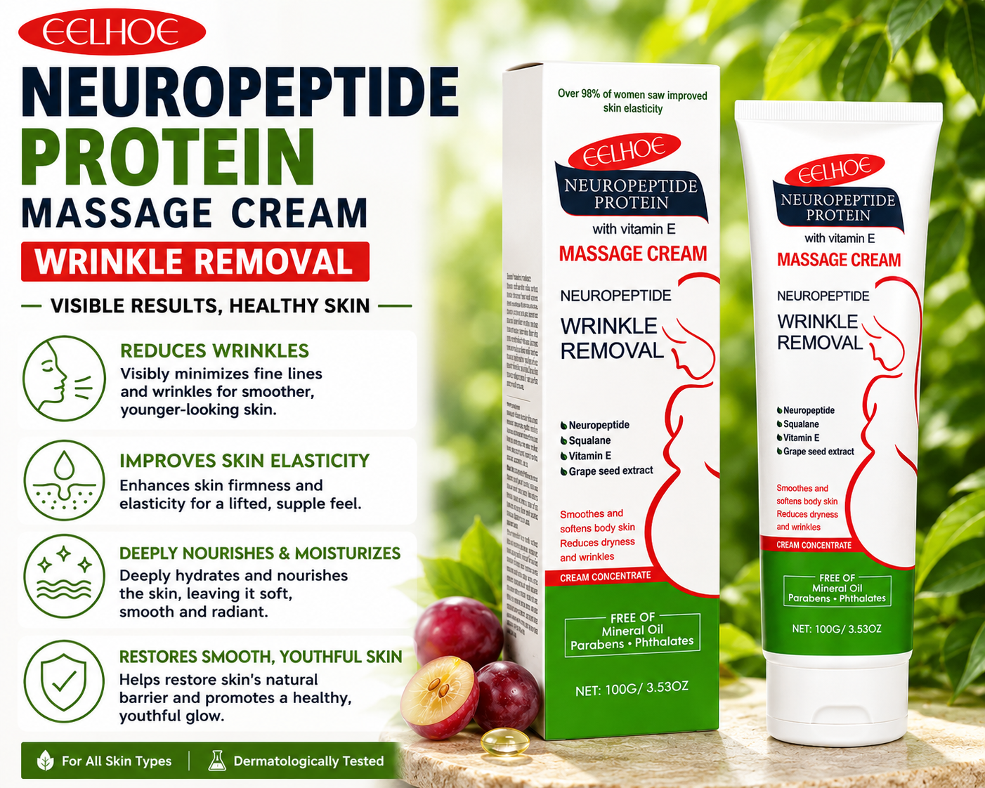 NeuroPeptide Protein Massage Cream for Wrinkle Remover | stretchmarks removal cream– Vitamin E, Squalane & Grape Seed Extract Anti-Aging Moisturizing Cream 100g