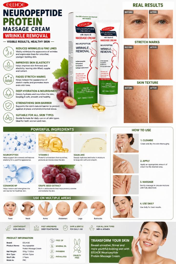 NeuroPeptide Protein Massage Cream for Wrinkle Remover | stretchmarks removal cream– Vitamin E, Squalane & Grape Seed Extract Anti-Aging Moisturizing Cream 100g
