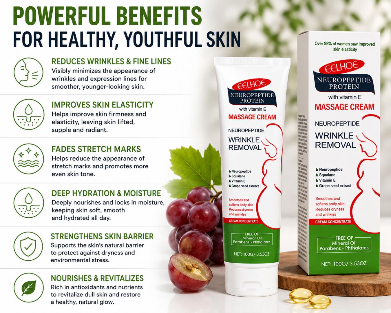NeuroPeptide Protein Massage Cream for Wrinkle Remover | stretchmarks removal cream– Vitamin E, Squalane & Grape Seed Extract Anti-Aging Moisturizing Cream 100g