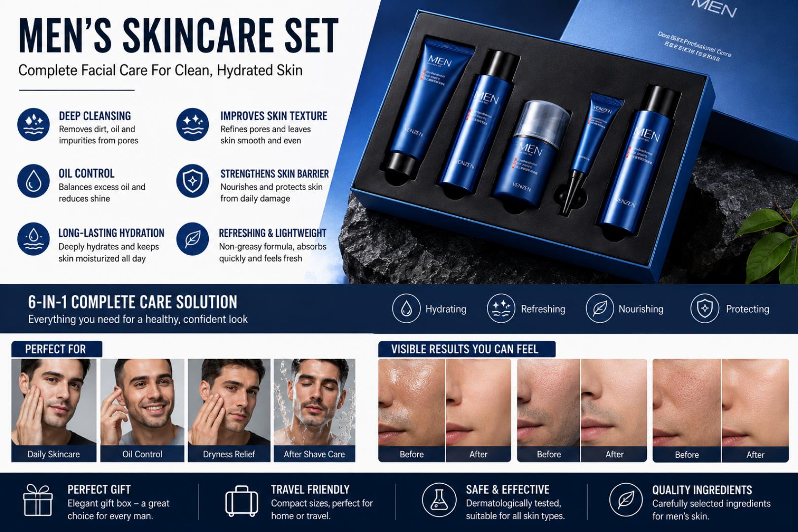Men’s gift set 5 in1 Professional Skincare Set by VENZEN – Complete Facial mens skin Care set for Cleansing, Moisturizing & Oil Control | mens skin care kit. Best Valentine's gift.
