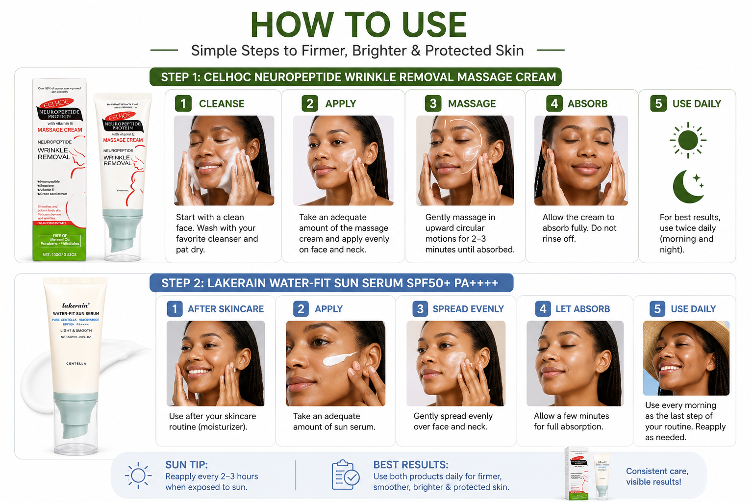 Anti-Aging Neuropeptide Wrinkle and stretchmarks Removal Cream with Vitamin E 100g + SPF50+ PA++++ Centella & Niacinamide Water-Fit Sun Serum 50ml | Firming, Moisturizing & Daily Sunscreen Set