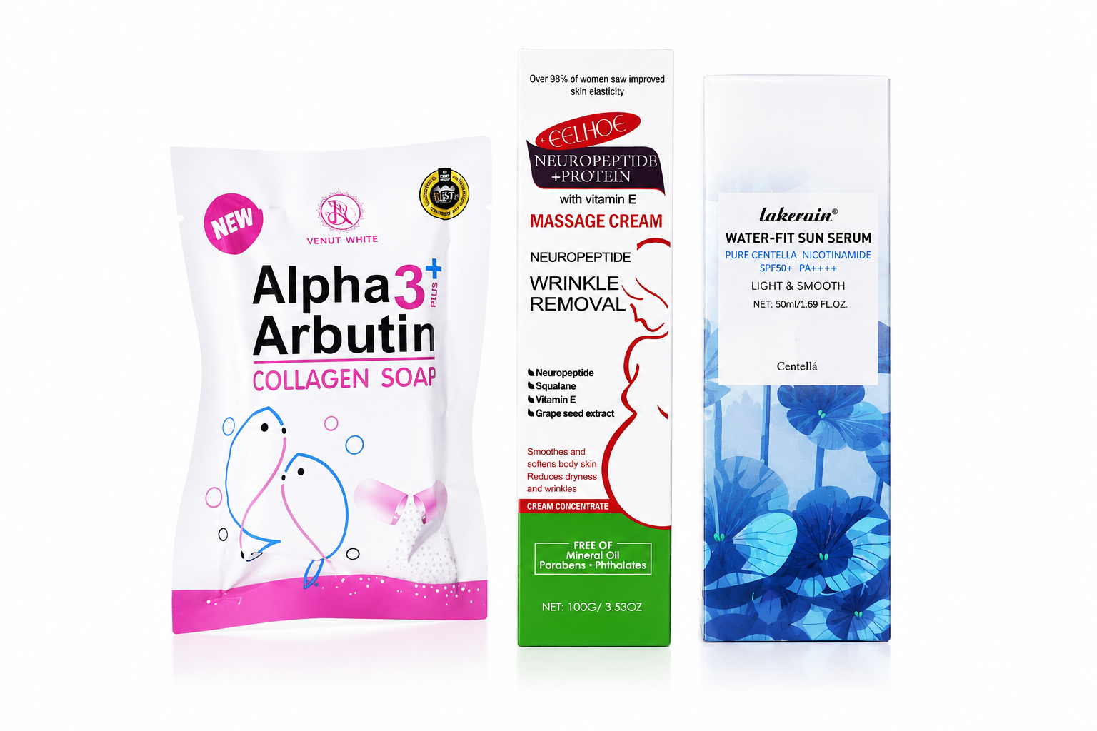 3-Piece Brightening & Anti-Aging Skincare Set | Alpha Arbutin Collagen Soap + Neuropeptide Massage Cream| stretchmark removal+ SPF50+ Niacinamide Sunscreen Serum | Dark Spots, Wrinkles & UV Protection