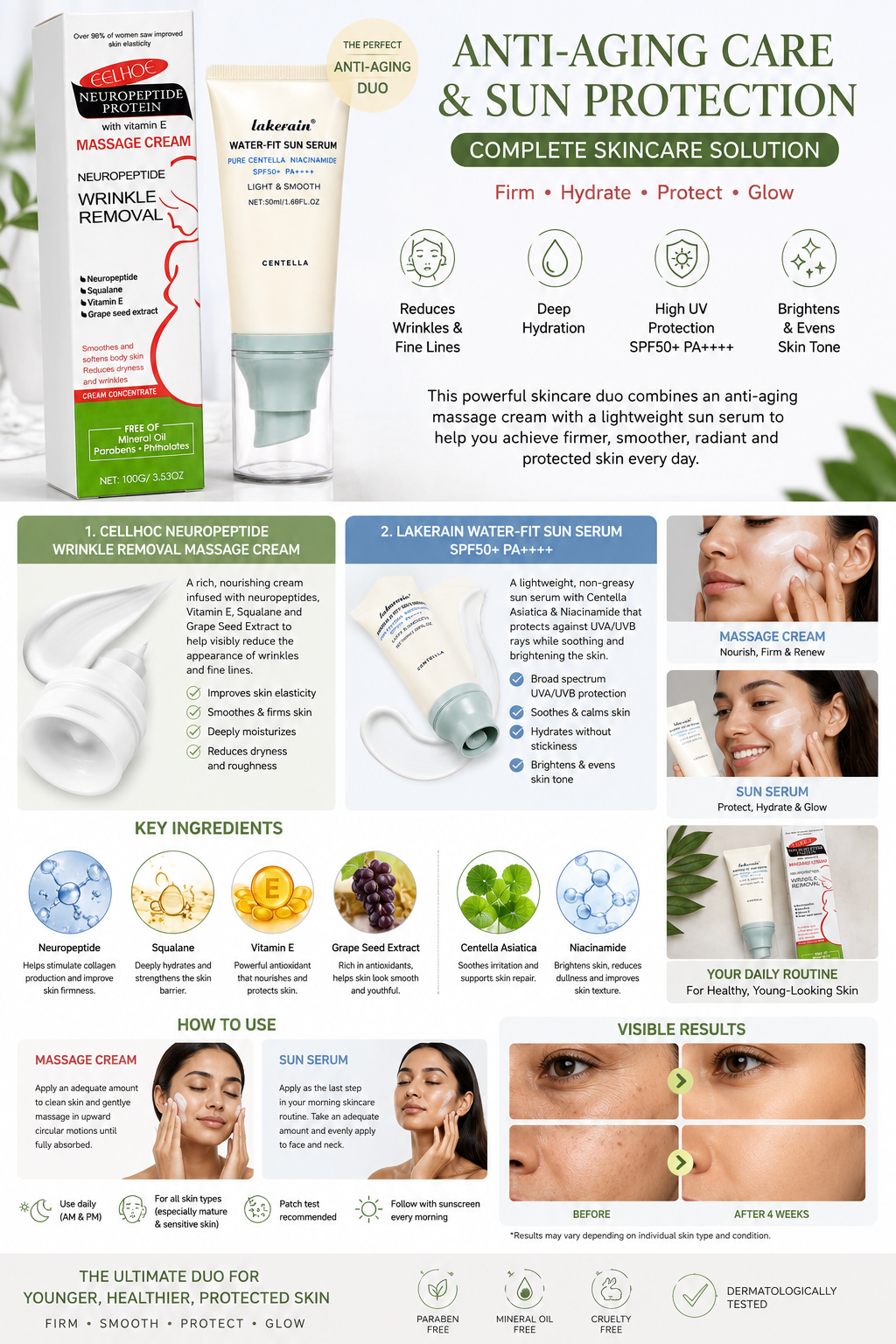 Anti-Aging Neuropeptide Wrinkle and stretchmarks Removal Cream with Vitamin E 100g + SPF50+ PA++++ Centella & Niacinamide Water-Fit Sun Serum 50ml | Firming, Moisturizing & Daily Sunscreen Set