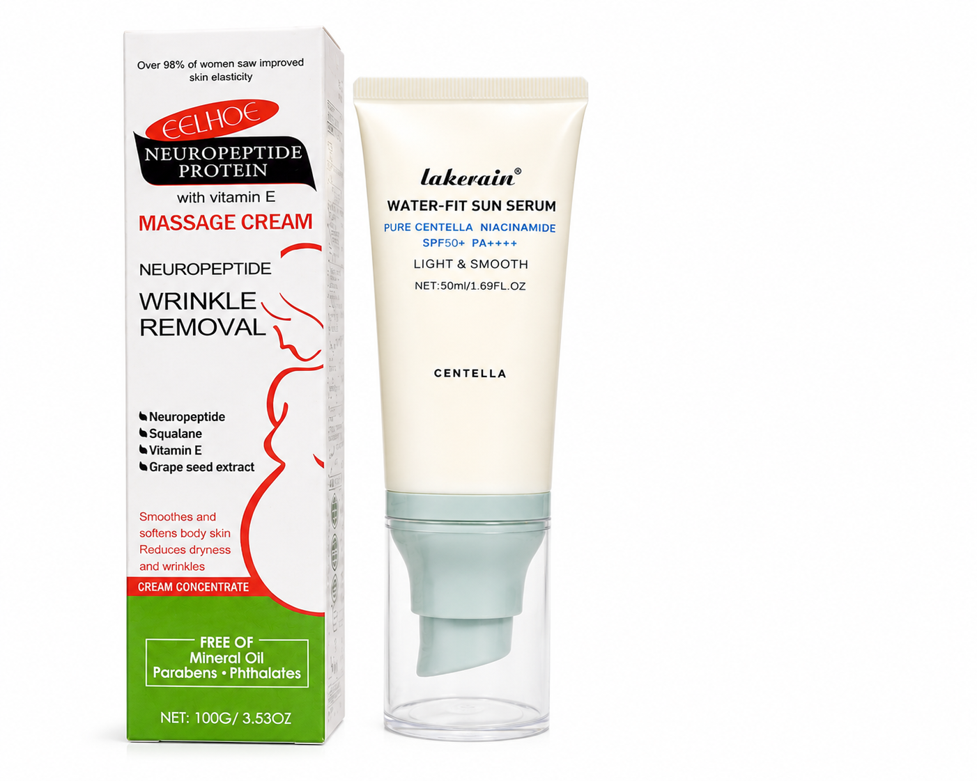 Anti-Aging Neuropeptide Wrinkle and stretchmarks Removal Cream with Vitamin E 100g + SPF50+ PA++++ Centella & Niacinamide Water-Fit Sun Serum 50ml | Firming, Moisturizing & Daily Sunscreen Set