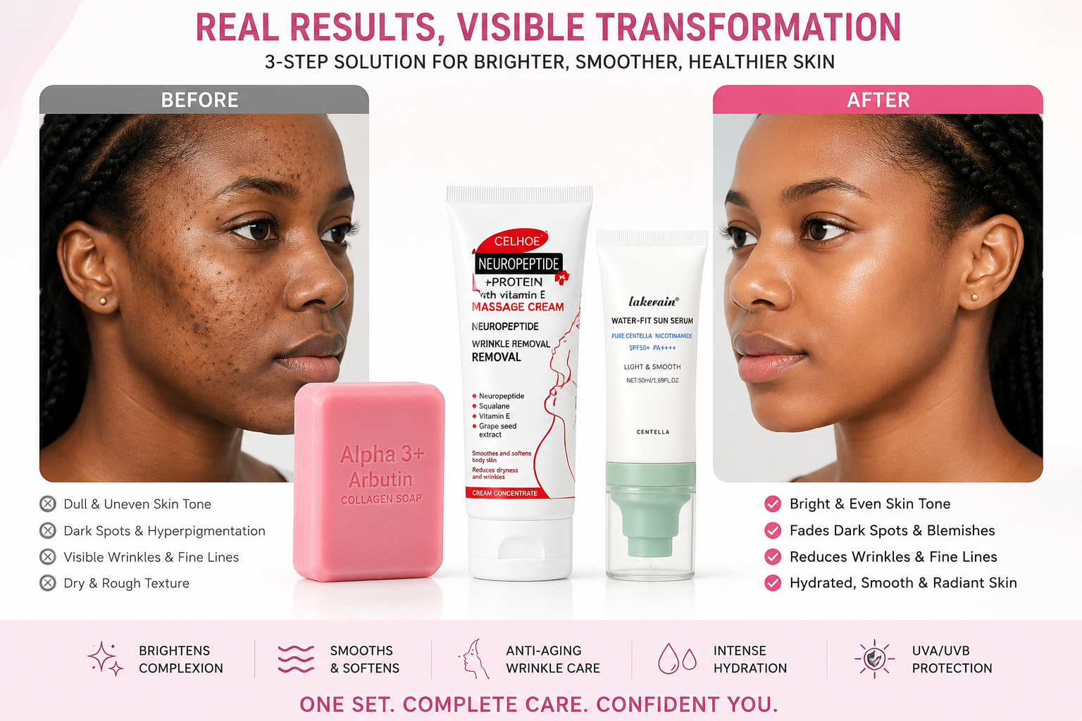 3-Piece Brightening & Anti-Aging Skincare Set | Alpha Arbutin Collagen Soap + Neuropeptide Massage Cream| stretchmark removal+ SPF50+ Niacinamide Sunscreen Serum | Dark Spots, Wrinkles & UV Protection