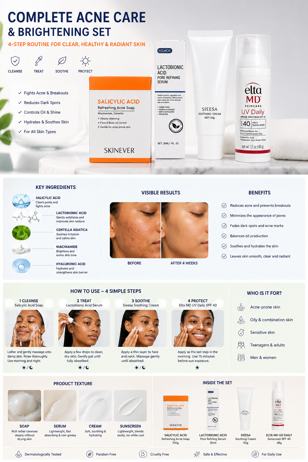4 in 1| Pore refining| skin smootheninganti acne Acne Treatment Skincare Set Salicylic Acid Soap Lactobionic Acid Serum Soothing Face Cream SPF 40 Sunscreen for Pimples Dark Spots Oily Skin Acne Scars
