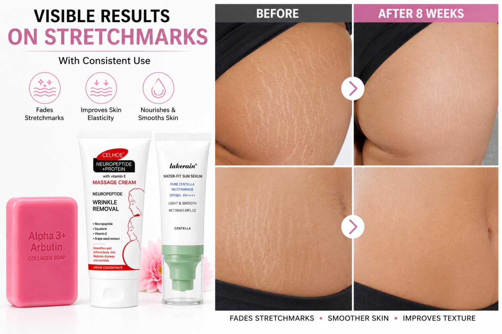 3-Piece Brightening & Anti-Aging Skincare Set | Alpha Arbutin Collagen Soap + Neuropeptide Massage Cream| stretchmark removal+ SPF50+ Niacinamide Sunscreen Serum | Dark Spots, Wrinkles & UV Protection