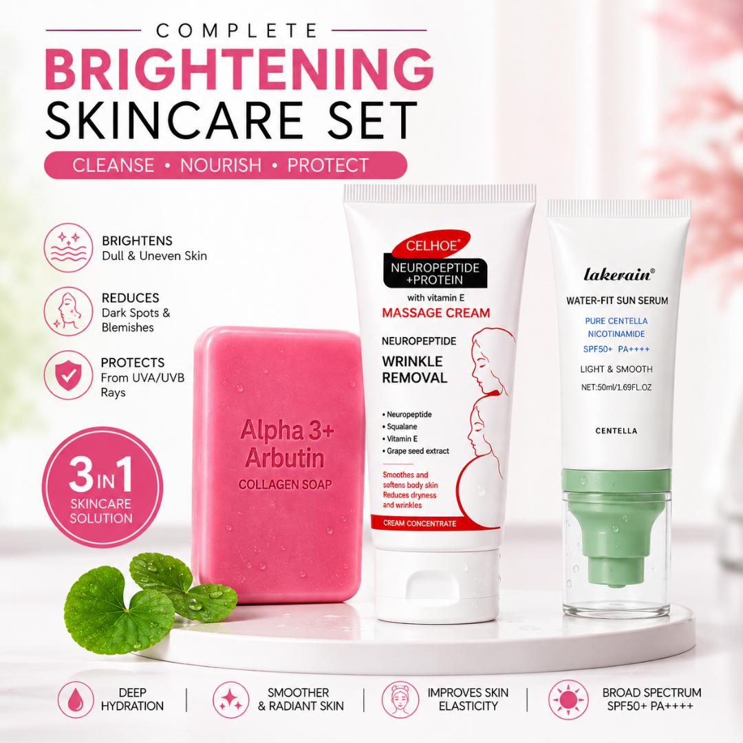 3-Piece Brightening & Anti-Aging Skincare Set | Alpha Arbutin Collagen Soap + Neuropeptide Massage Cream| stretchmark removal+ SPF50+ Niacinamide Sunscreen Serum | Dark Spots, Wrinkles & UV Protection