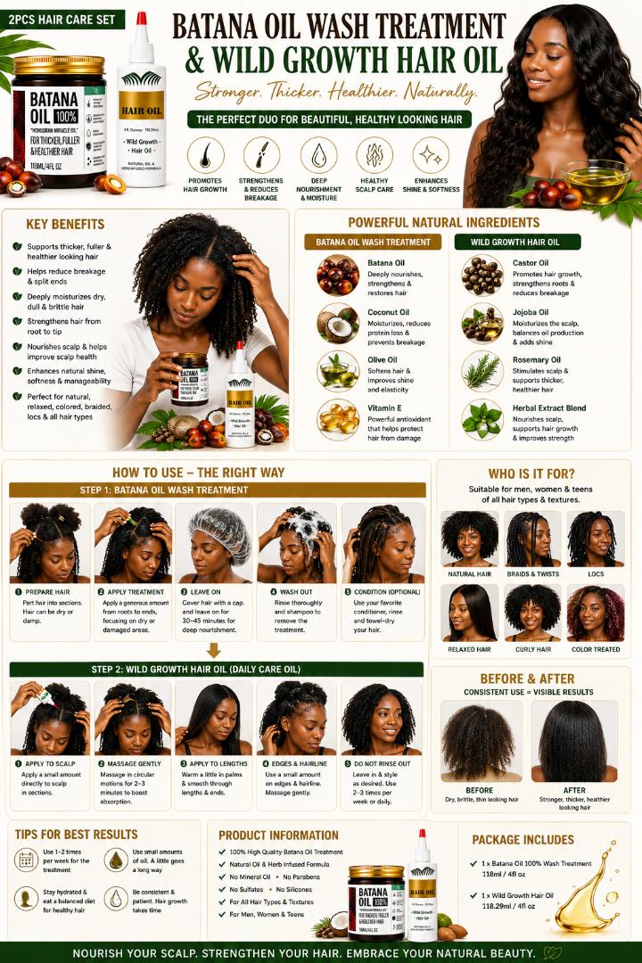 Hair Growth Oil Set 2PCS 100% Batana Oil Wash Treatment & Wild Growth Hair Oil for Hair Loss, Thinning Hair, Bald Edges, Hairline, Dry Scalp, Anti Breakage, Natural African Hair