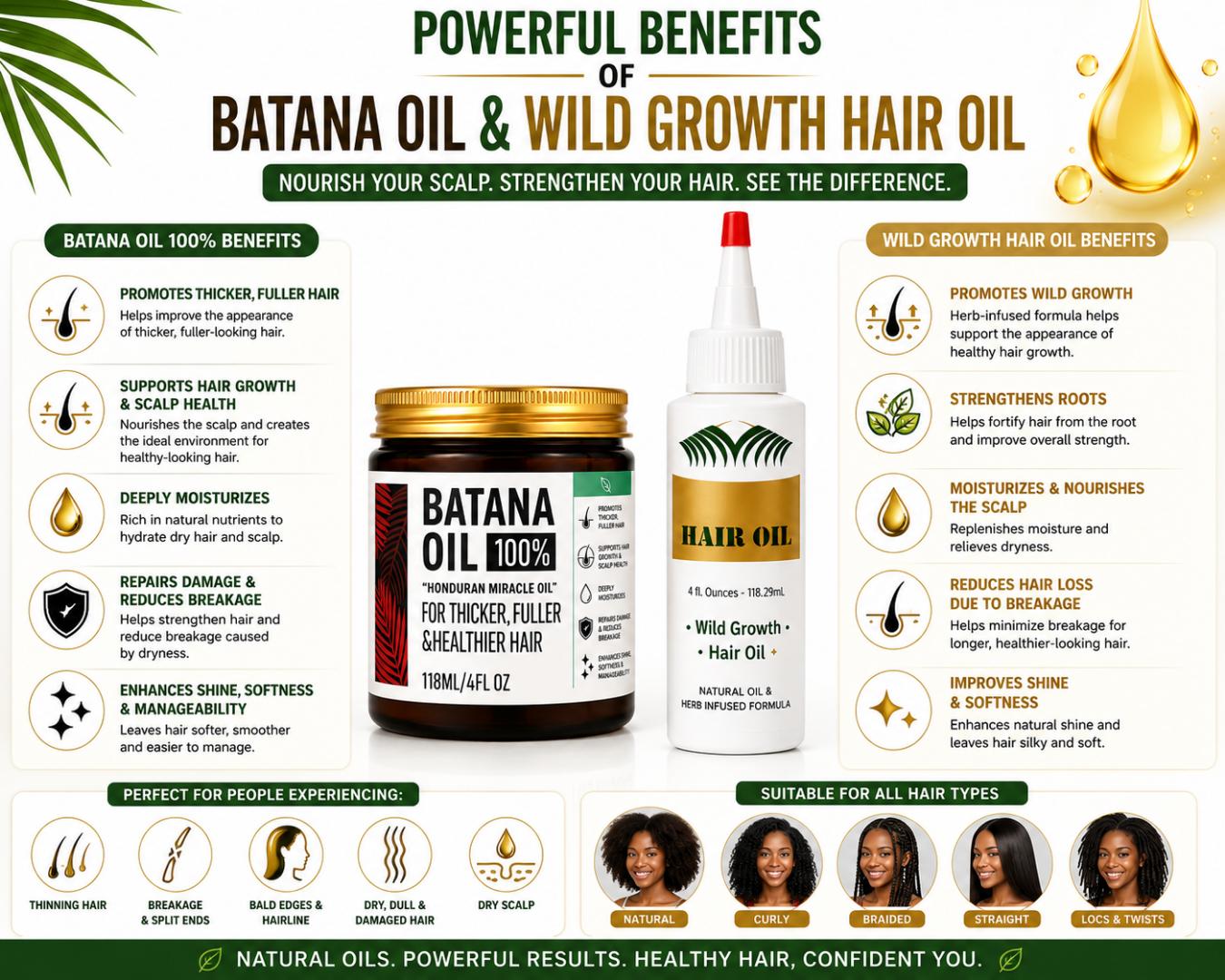 Hair Growth Oil Set 2PCS 100% Batana Oil Wash Treatment & Wild Growth Hair Oil for Hair Loss, Thinning Hair, Bald Edges, Hairline, Dry Scalp, Anti Breakage, Natural African Hair