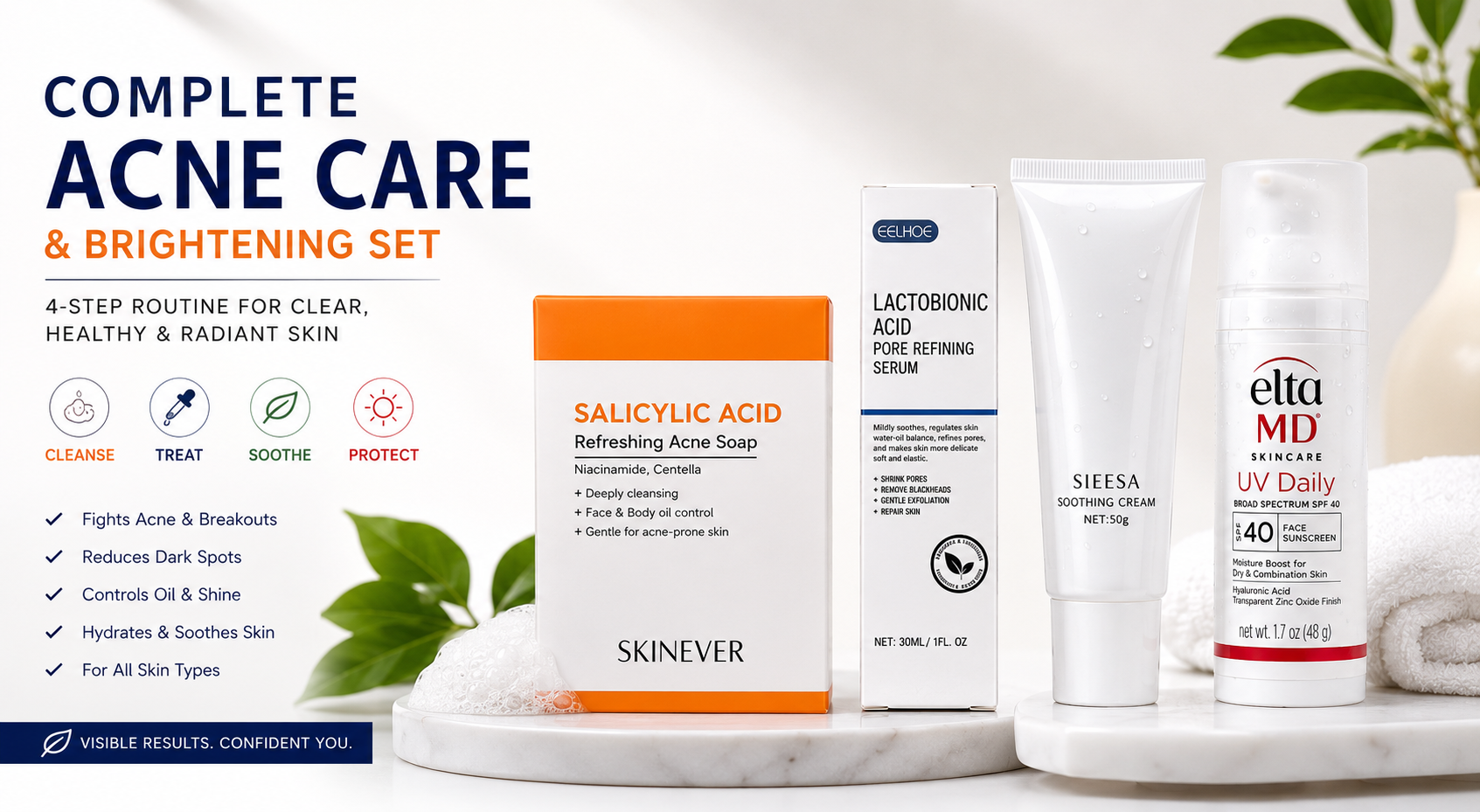 4 in 1| Pore refining| skin smootheninganti acne Acne Treatment Skincare Set Salicylic Acid Soap Lactobionic Acid Serum Soothing Face Cream SPF 40 Sunscreen for Pimples Dark Spots Oily Skin Acne Scars