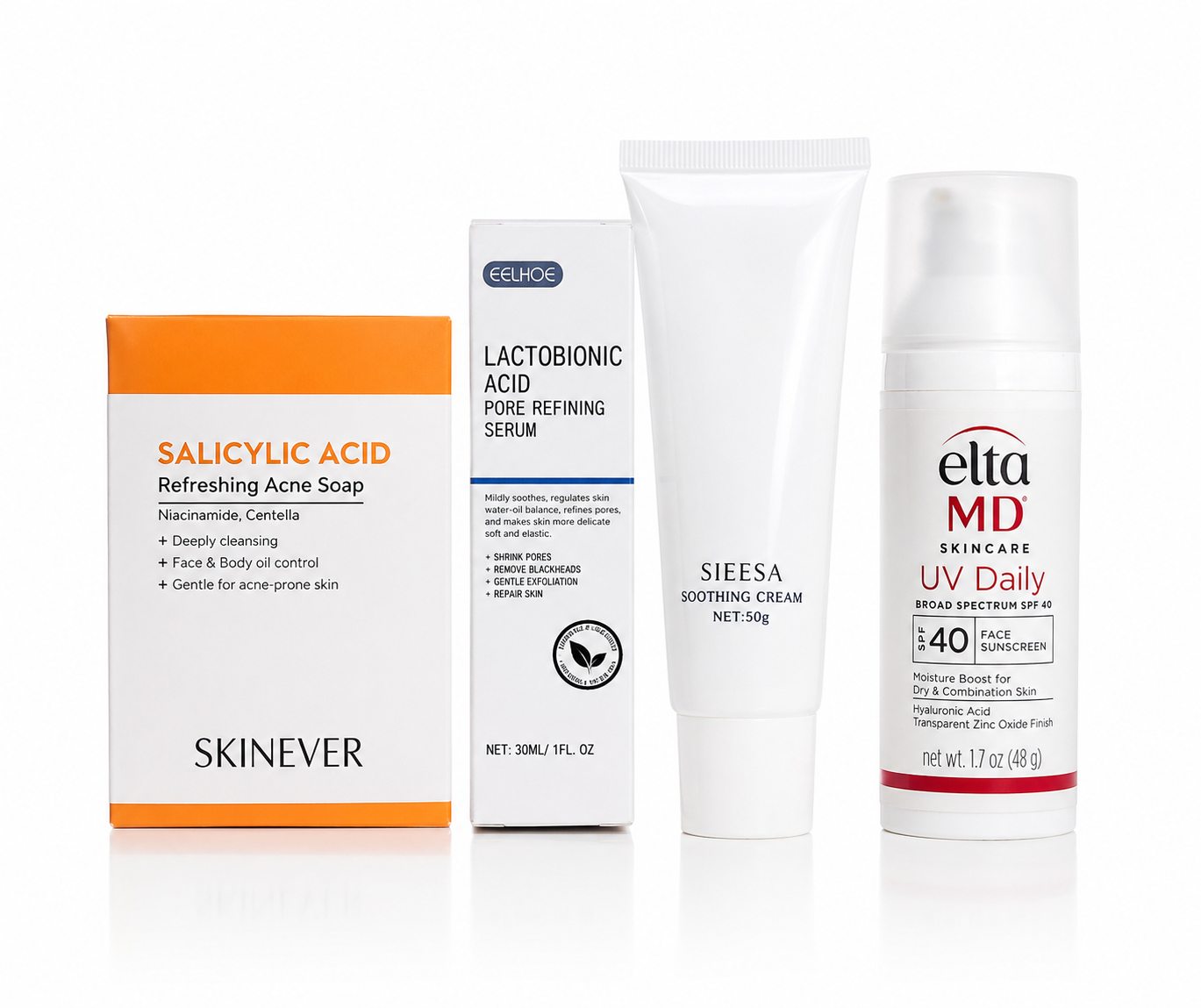 4 in 1| Pore refining| skin smootheninganti acne Acne Treatment Skincare Set Salicylic Acid Soap Lactobionic Acid Serum Soothing Face Cream SPF 40 Sunscreen for Pimples Dark Spots Oily Skin Acne Scars