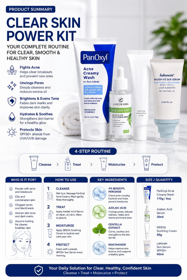 Acne Skincare Set PanOxyl 4 Percent Benzoyl Peroxide Wash Azelaic Acid Serum Moisturizer SPF50 Sunscreen 4 Piece Kit