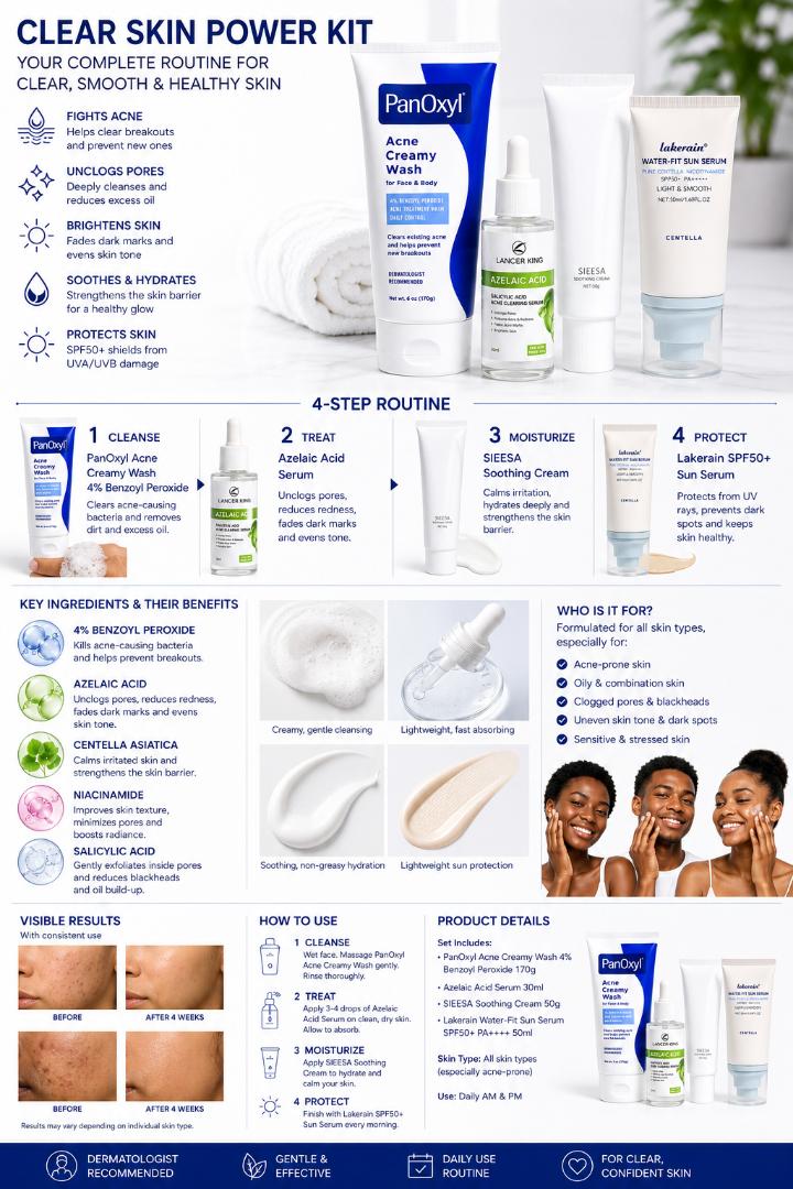 Acne Skincare Set PanOxyl 4 Percent Benzoyl Peroxide Wash Azelaic Acid Serum Moisturizer SPF50 Sunscreen 4 Piece Kit