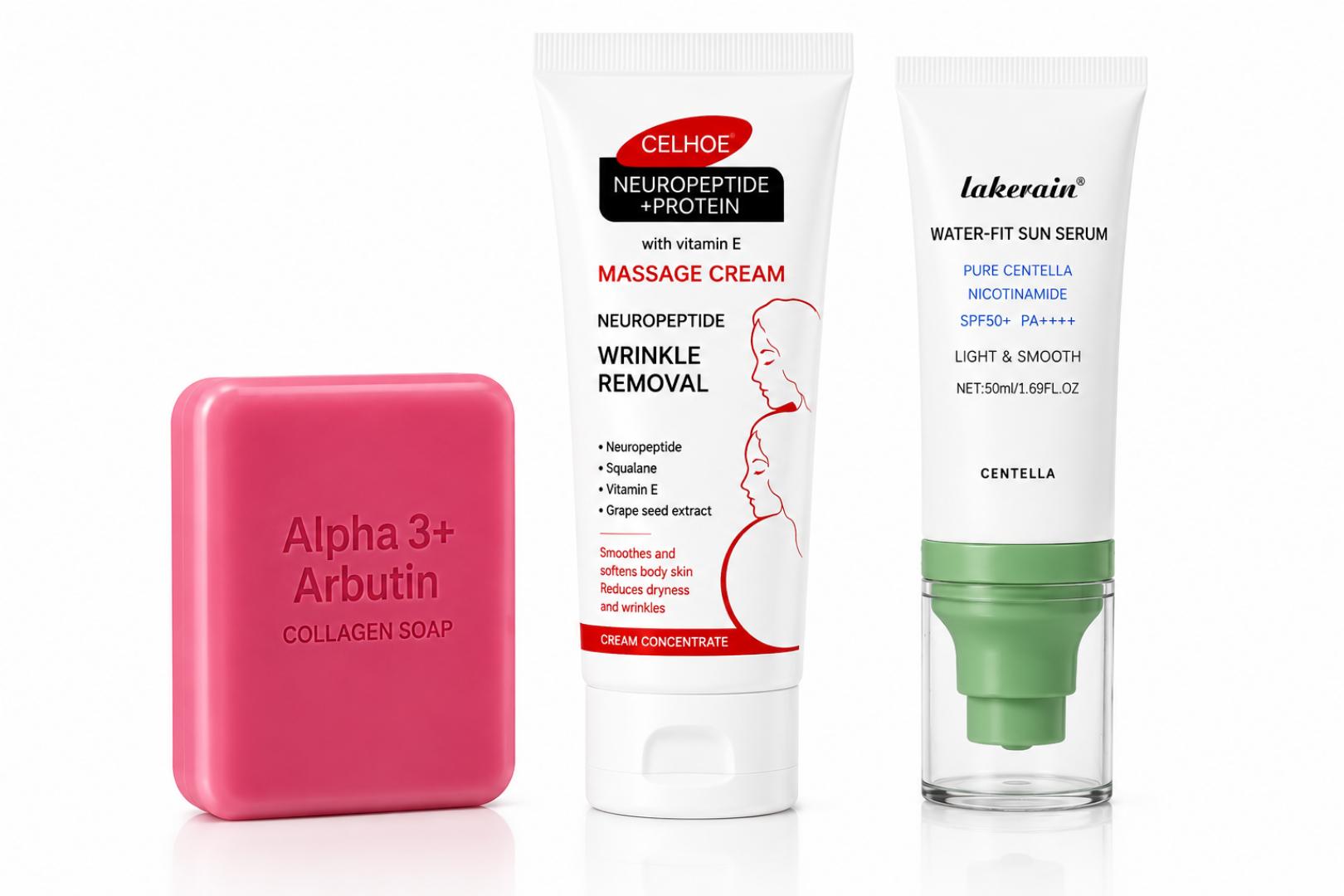 3-Piece Brightening & Anti-Aging Skincare Set | Alpha Arbutin Collagen Soap + Neuropeptide Massage Cream| stretchmark removal+ SPF50+ Niacinamide Sunscreen Serum | Dark Spots, Wrinkles & UV Protection