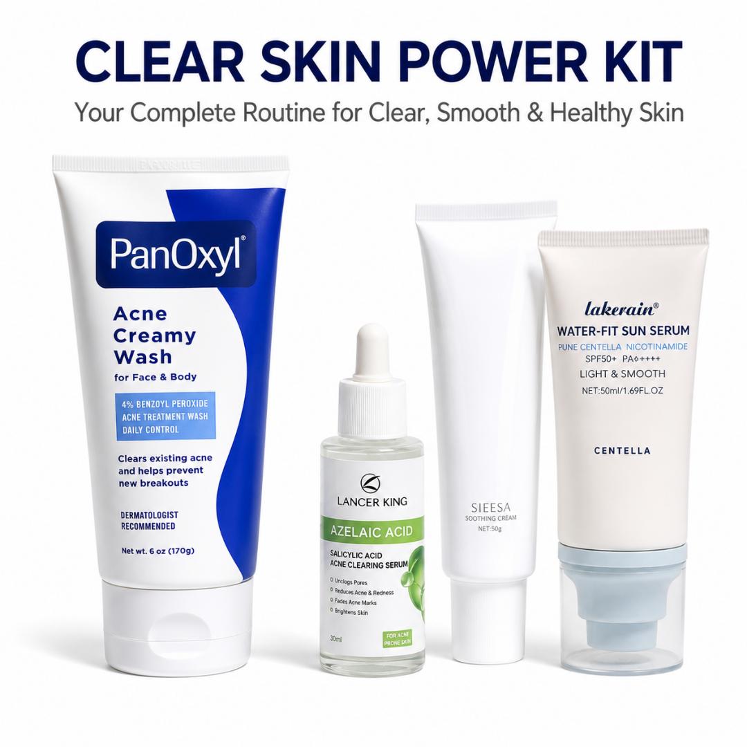 Acne Skincare Set PanOxyl 4 Percent Benzoyl Peroxide Wash Azelaic Acid Serum Moisturizer SPF50 Sunscreen 4 Piece Kit