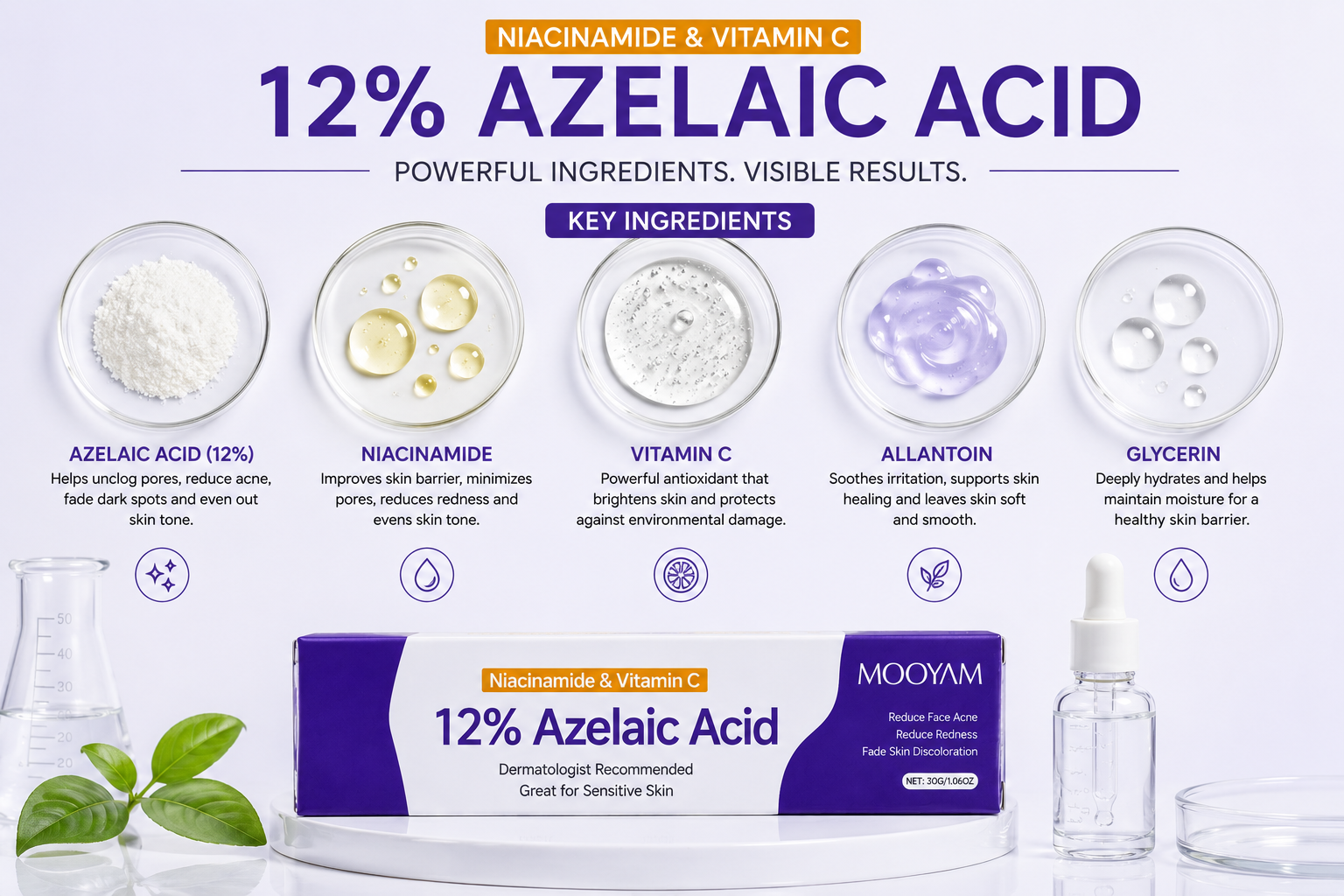 MOOYAM 12% Azelaic Acid Face Cream with Niacinamide and Vitamin C for Acne Dark Spots Hyperpigmentation Acne Marks Redness Blemishes Uneven Skin Tone Pore Care Sensitive Skin 20g