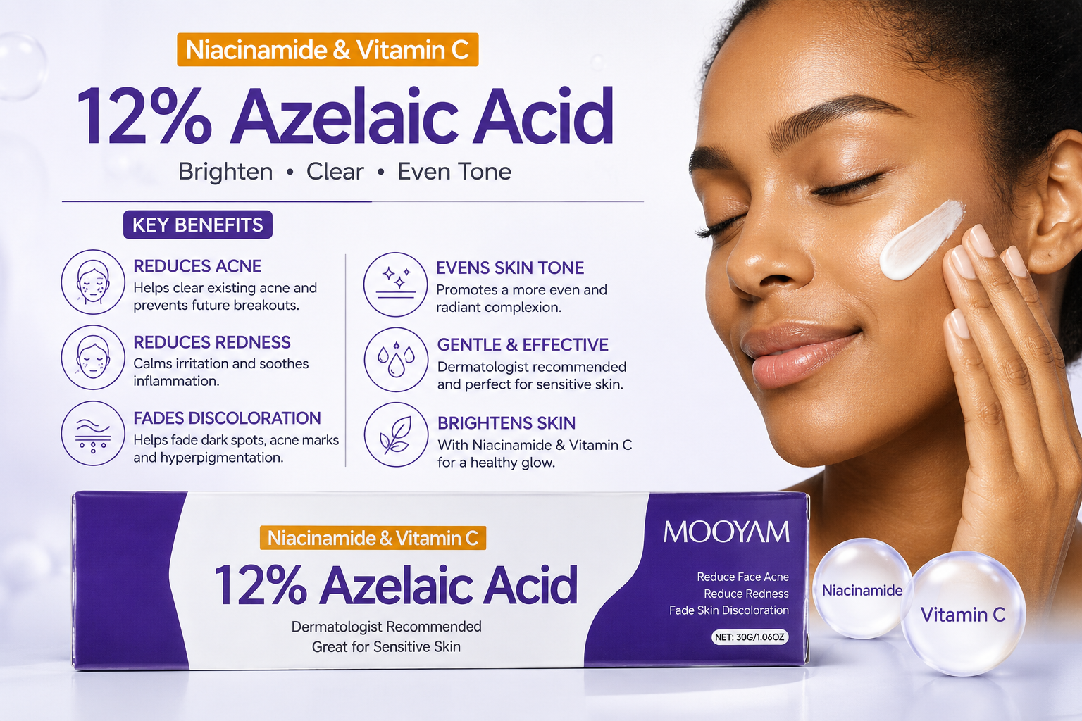 MOOYAM 12% Azelaic Acid Face Cream with Niacinamide and Vitamin C for Acne Dark Spots Hyperpigmentation Acne Marks Redness Blemishes Uneven Skin Tone Pore Care Sensitive Skin 20g