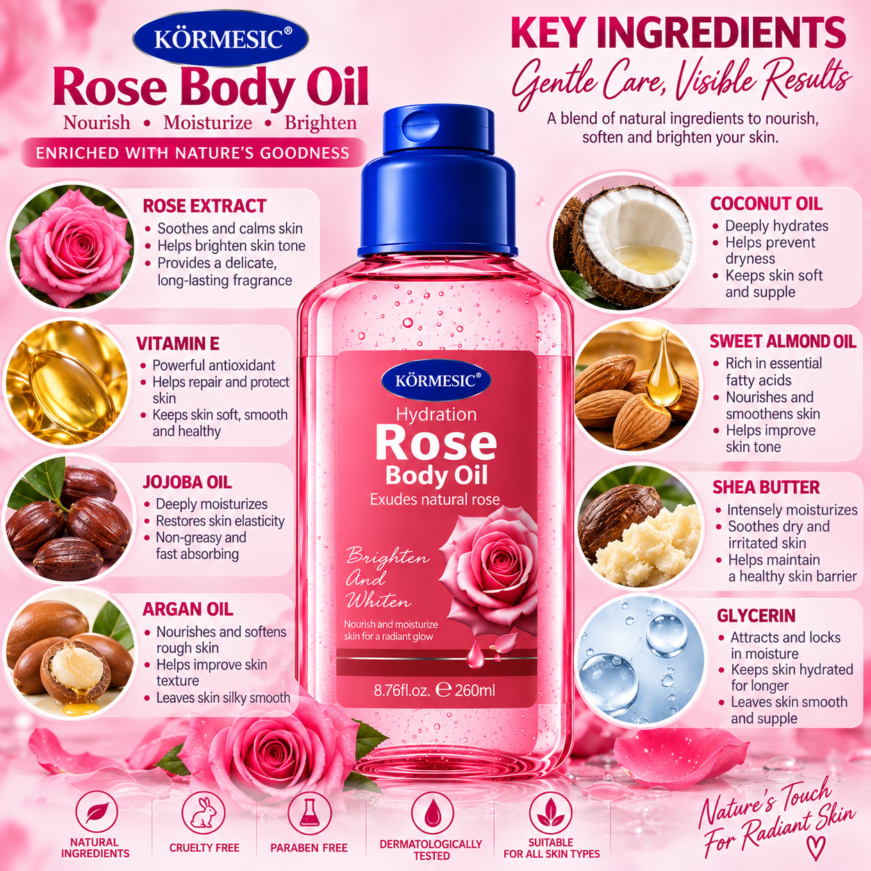 KÖRMESIC Rose Body Oil 260ml 8.76fl oz Hydrating Moisturizing Brightening Body Oil for Dry Skin Nourishing Glow Oil Soft Smooth Radiant Skin Daily Body Care