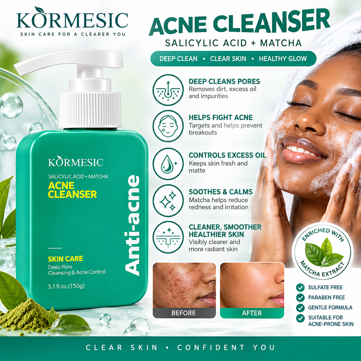 KORMESIC Salicylic Acid + Matcha Acne Cleanser 150g Face Wash Deep Pore Cleansing Acne Control Blackhead Oil Control Facial Cleanser for Oily Acne-Prone Skin