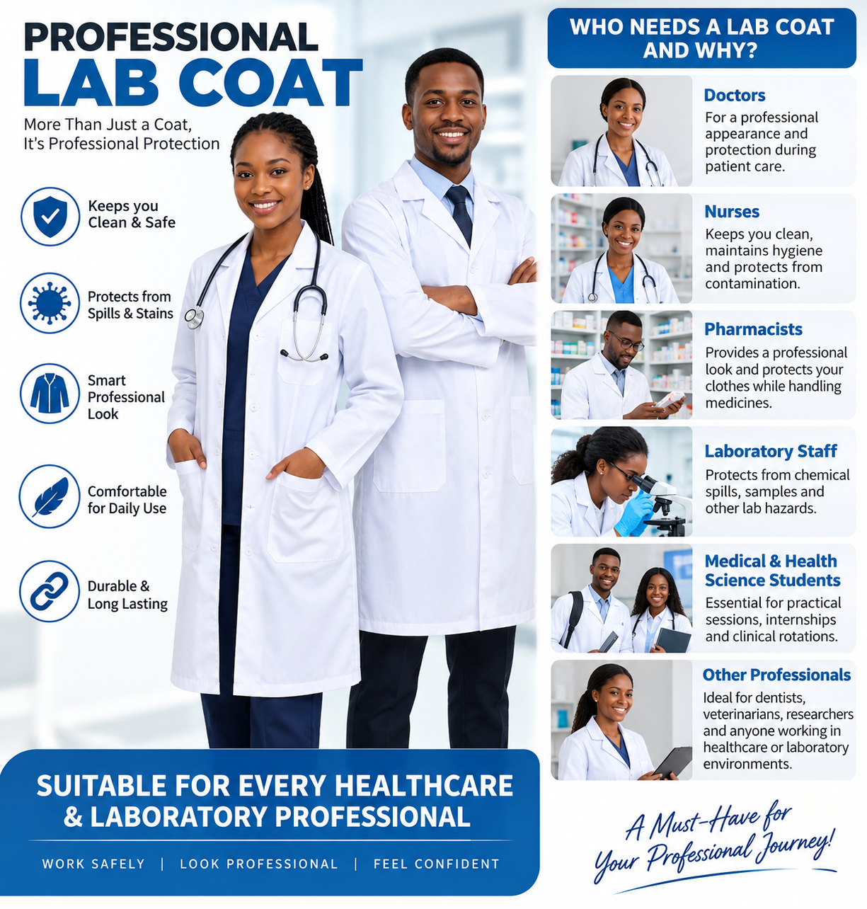 White Medical Lab Coat Unisex Doctor Nurse Pharmacist Laboratory Dust Coat Long Sleeve Knee Length Professional Workwear for Medical Students