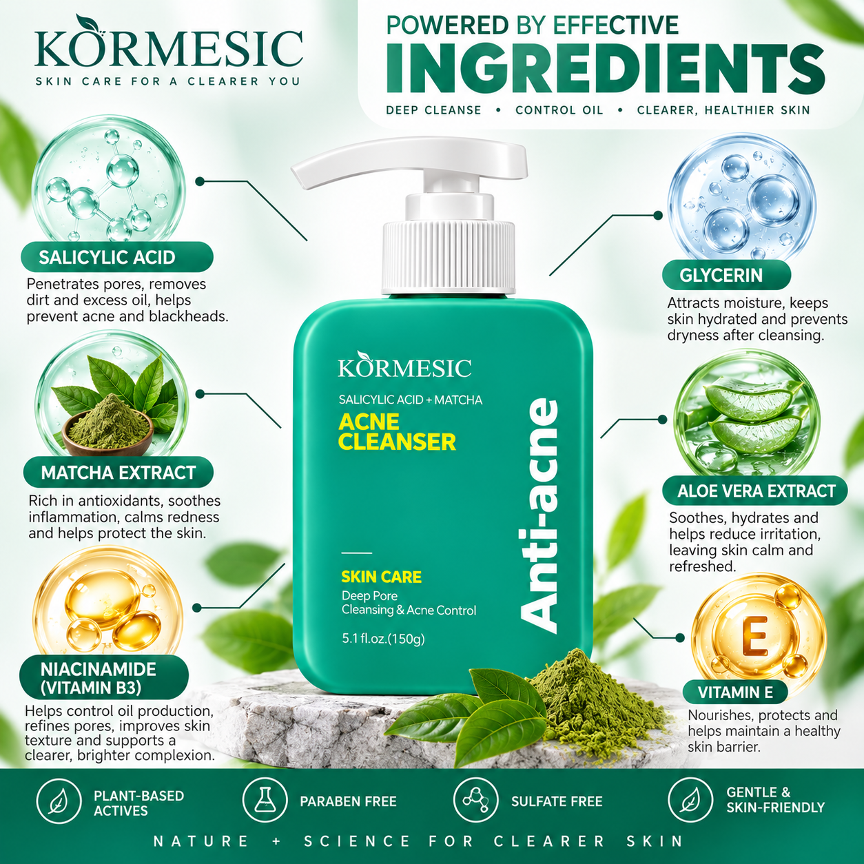 KORMESIC Salicylic Acid + Matcha Acne Cleanser 150g Face Wash Deep Pore Cleansing Acne Control Blackhead Oil Control Facial Cleanser for Oily Acne-Prone Skin