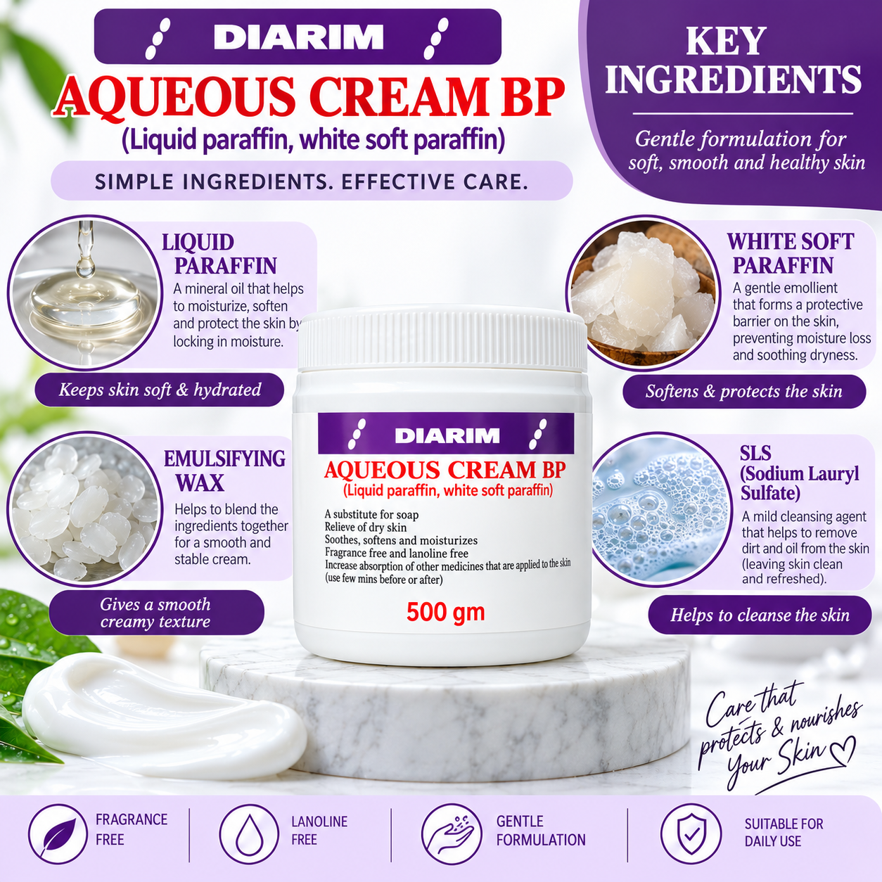 Diarim Aqueous Cream BP 500g Moisturizer for Dry Sensitive Skin Fragrance Free Lanolin Free Body Cream Hydrating Skin Softening Cream