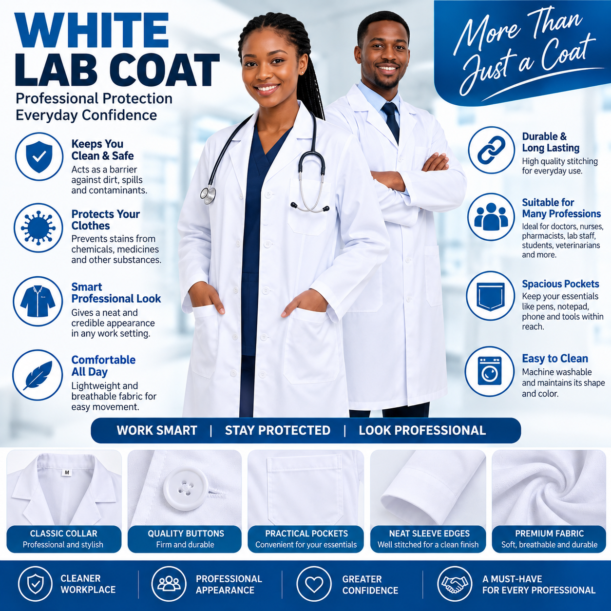 White Medical Lab Coat Unisex Doctor Nurse Pharmacist Laboratory Dust Coat Long Sleeve Knee Length Professional Workwear for Medical Students