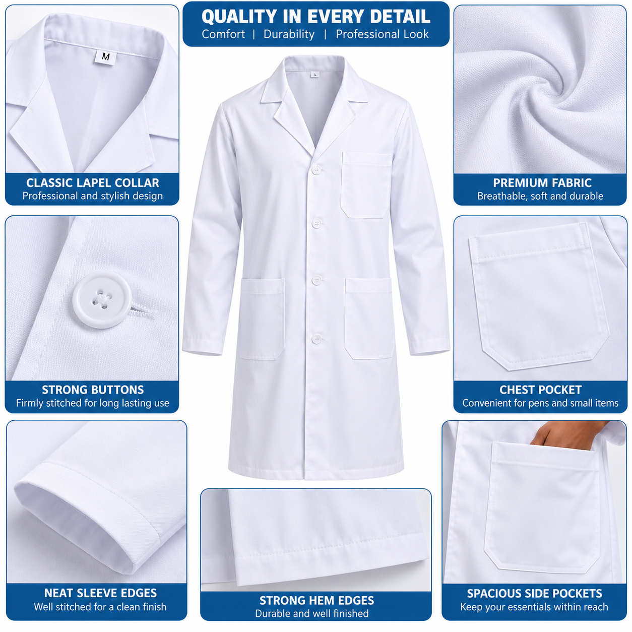 White Medical Lab Coat Unisex Doctor Nurse Pharmacist Laboratory Dust Coat Long Sleeve Knee Length Professional Workwear for Medical Students