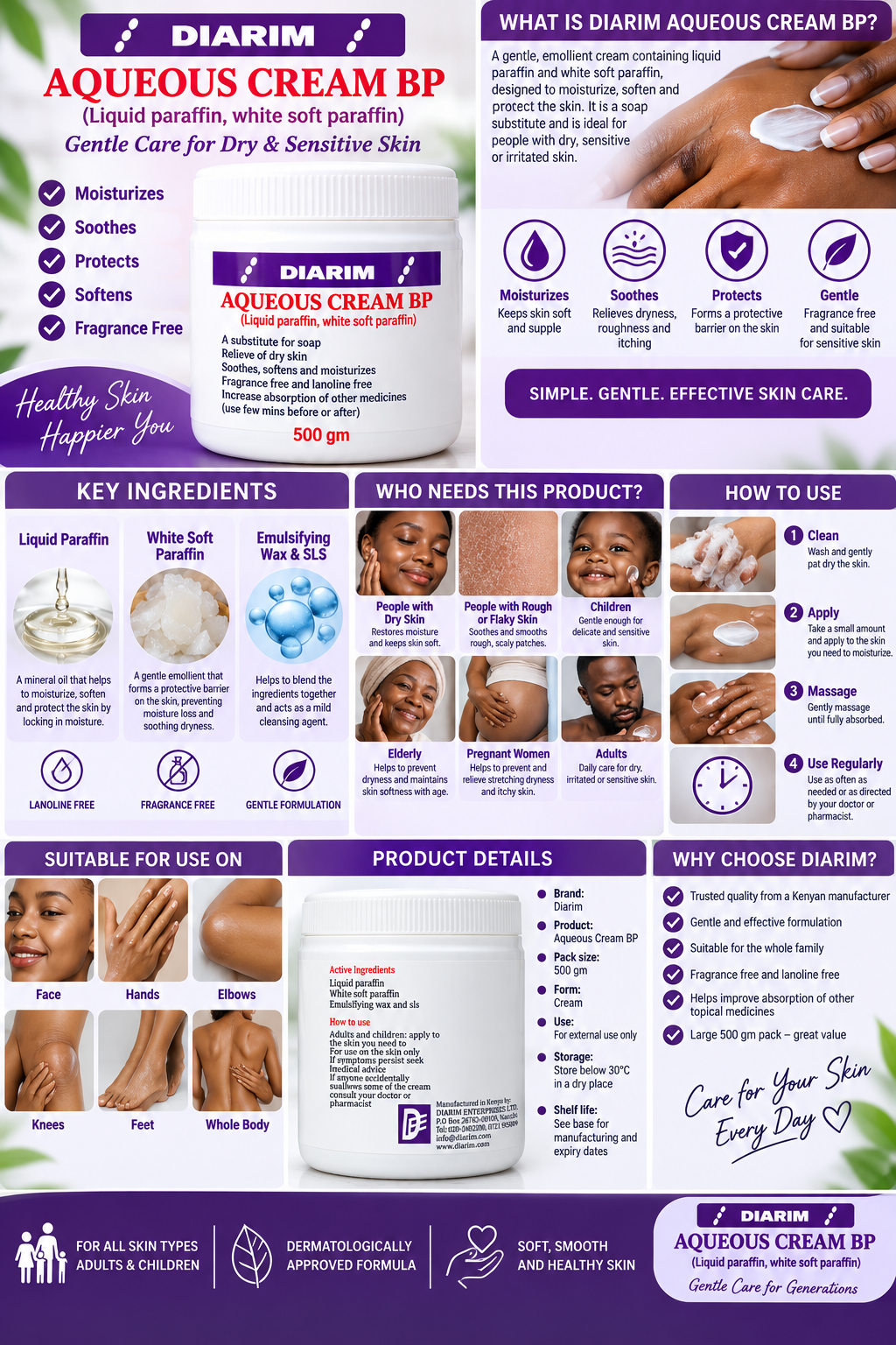 Diarim Aqueous Cream BP 500g Moisturizer for Dry Sensitive Skin Fragrance Free Lanolin Free Body Cream Hydrating Skin Softening Cream
