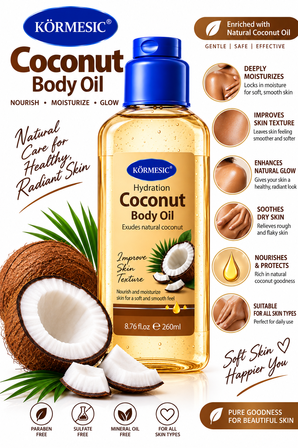 KÖRMESIC Coconut Body Oil 260ml | Hydrating Moisturizing Body Oil for Dry Skin | Nourishing Oil for Soft Smooth Radiant Glowing Skin
