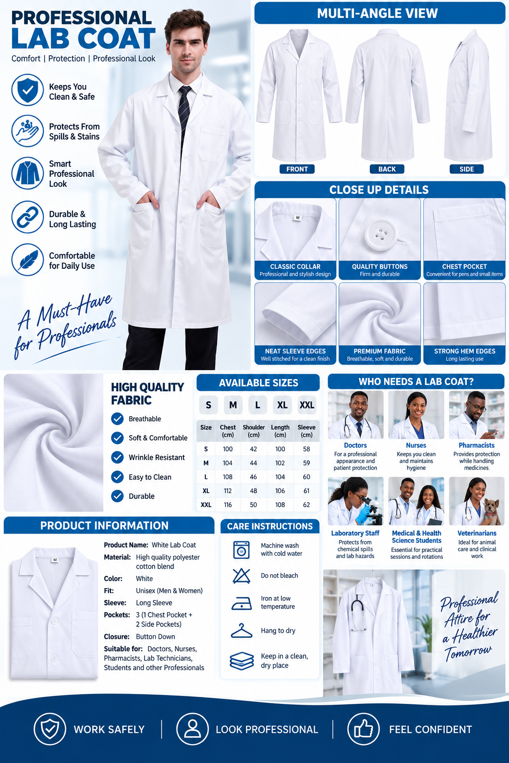 White Medical Lab Coat Unisex Doctor Nurse Pharmacist Laboratory Dust Coat Long Sleeve Knee Length Professional Workwear for Medical Students