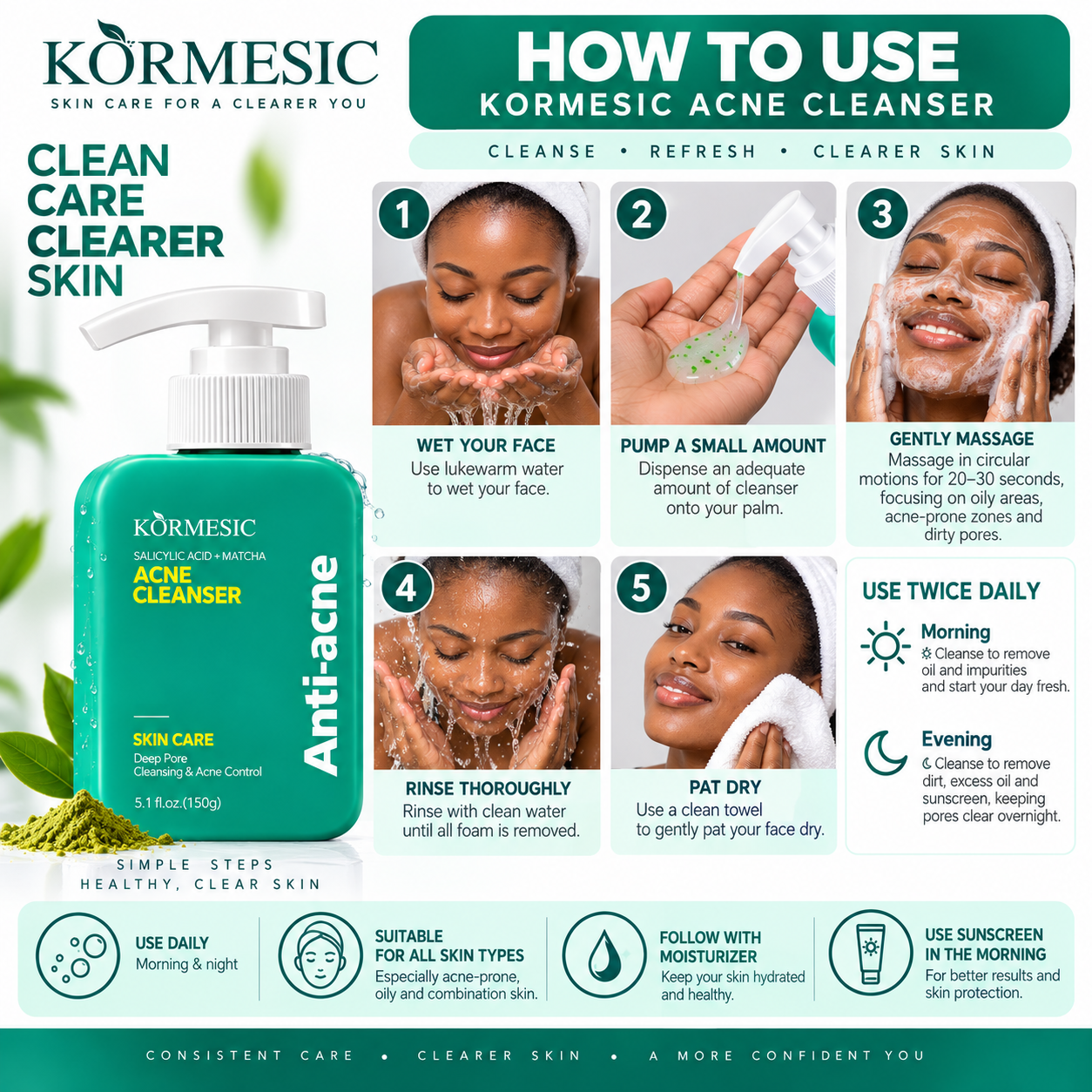 KORMESIC Salicylic Acid + Matcha Acne Cleanser 150g Face Wash Deep Pore Cleansing Acne Control Blackhead Oil Control Facial Cleanser for Oily Acne-Prone Skin