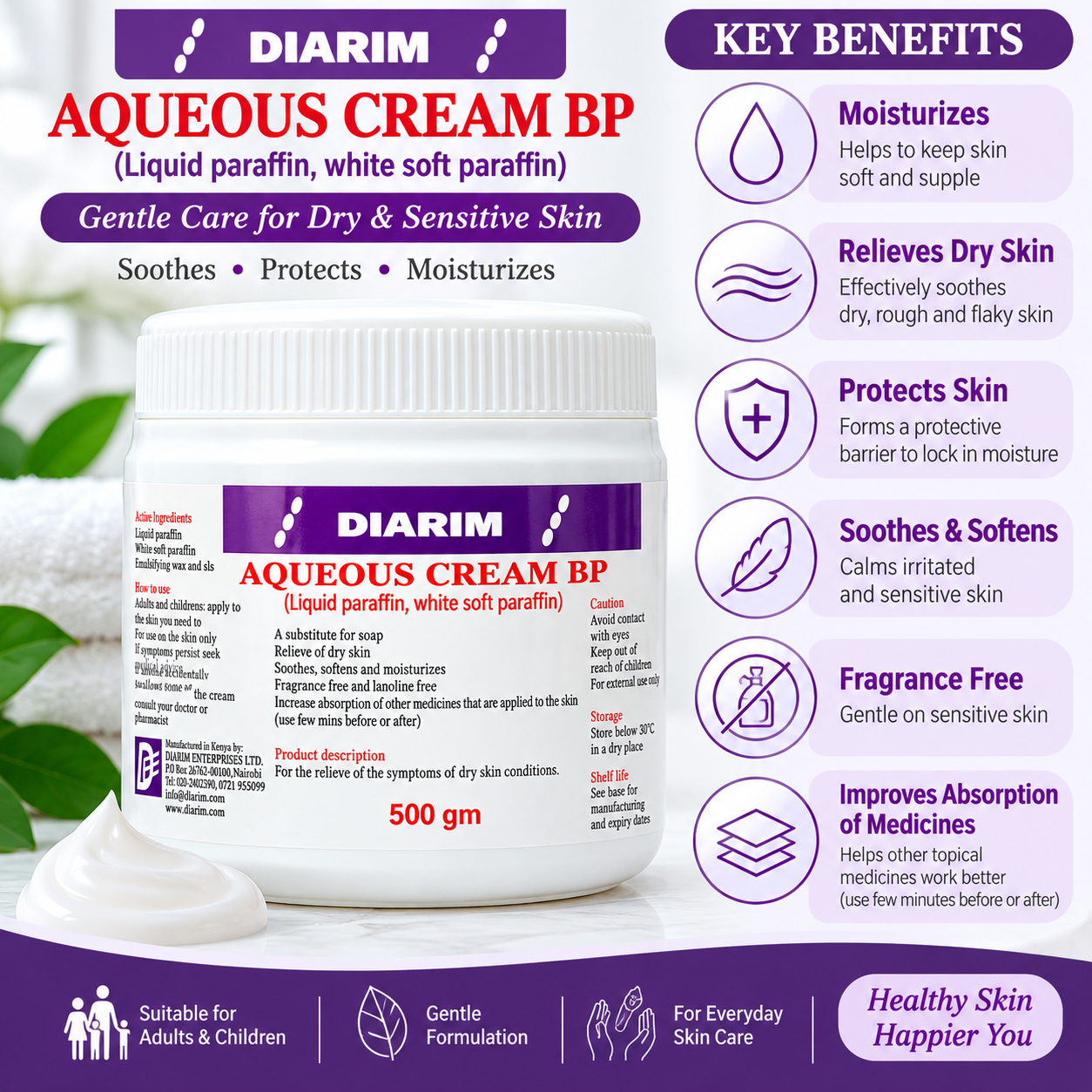 Diarim Aqueous Cream BP 500g Moisturizer for Dry Sensitive Skin Fragrance Free Lanolin Free Body Cream Hydrating Skin Softening Cream