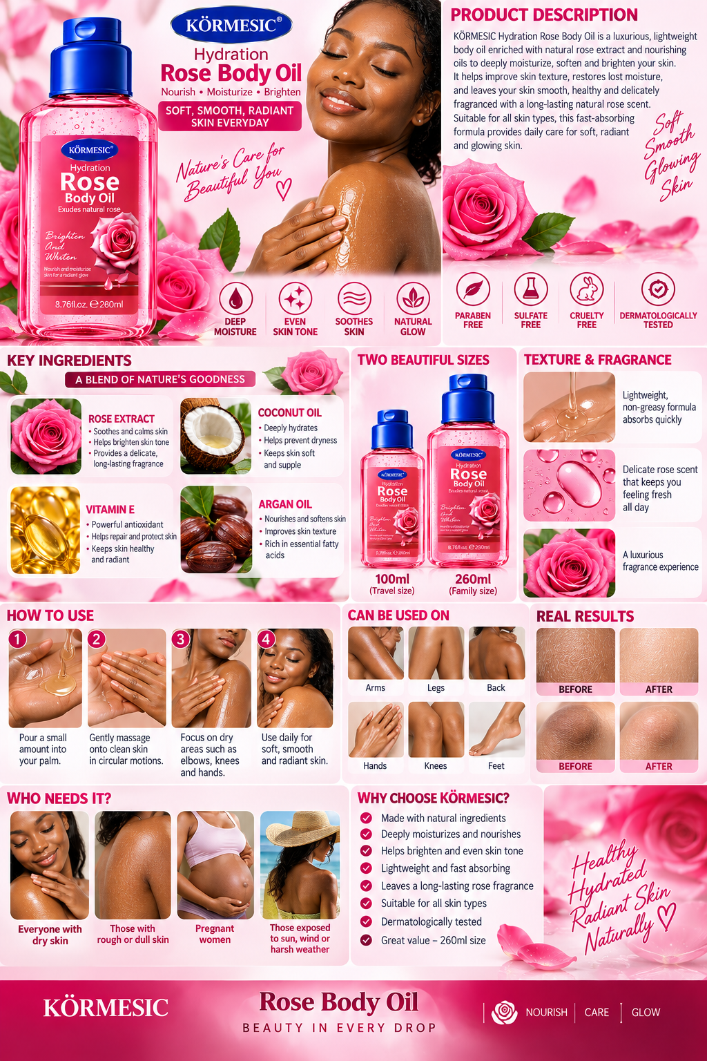 KÖRMESIC Rose Body Oil 260ml 8.76fl oz Hydrating Moisturizing Brightening Body Oil for Dry Skin Nourishing Glow Oil Soft Smooth Radiant Skin Daily Body Care