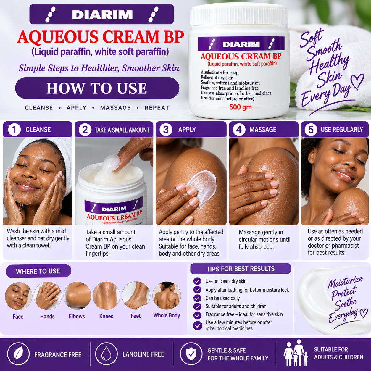 Diarim Aqueous Cream BP 500g Moisturizer for Dry Sensitive Skin Fragrance Free Lanolin Free Body Cream Hydrating Skin Softening Cream