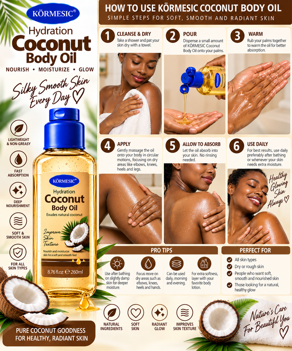 KÖRMESIC Coconut Body Oil 260ml | Hydrating Moisturizing Body Oil for Dry Skin | Nourishing Oil for Soft Smooth Radiant Glowing Skin