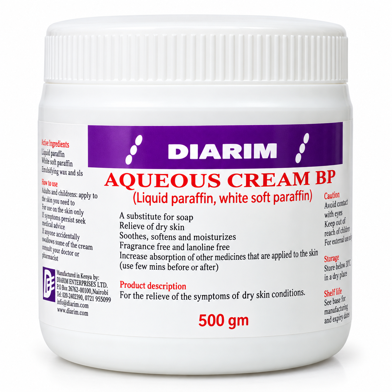 Diarim Aqueous Cream BP 500g Moisturizer for Dry Sensitive Skin Fragrance Free Lanolin Free Body Cream Hydrating Skin Softening Cream