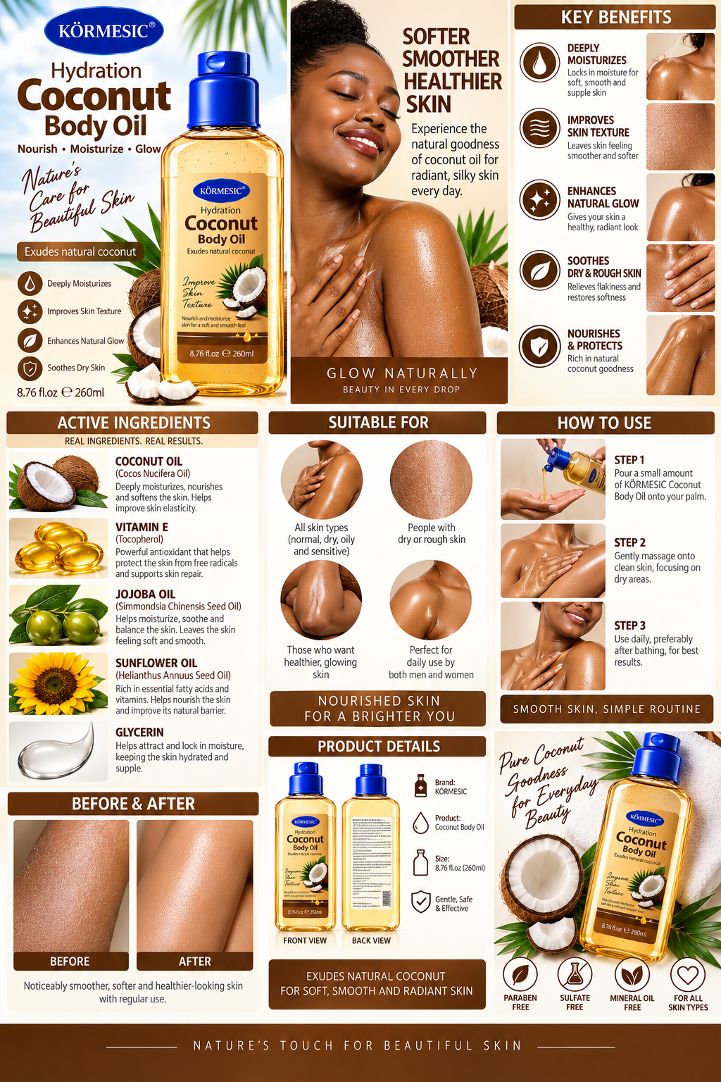KÖRMESIC Coconut Body Oil 260ml | Hydrating Moisturizing Body Oil for Dry Skin | Nourishing Oil for Soft Smooth Radiant Glowing Skin