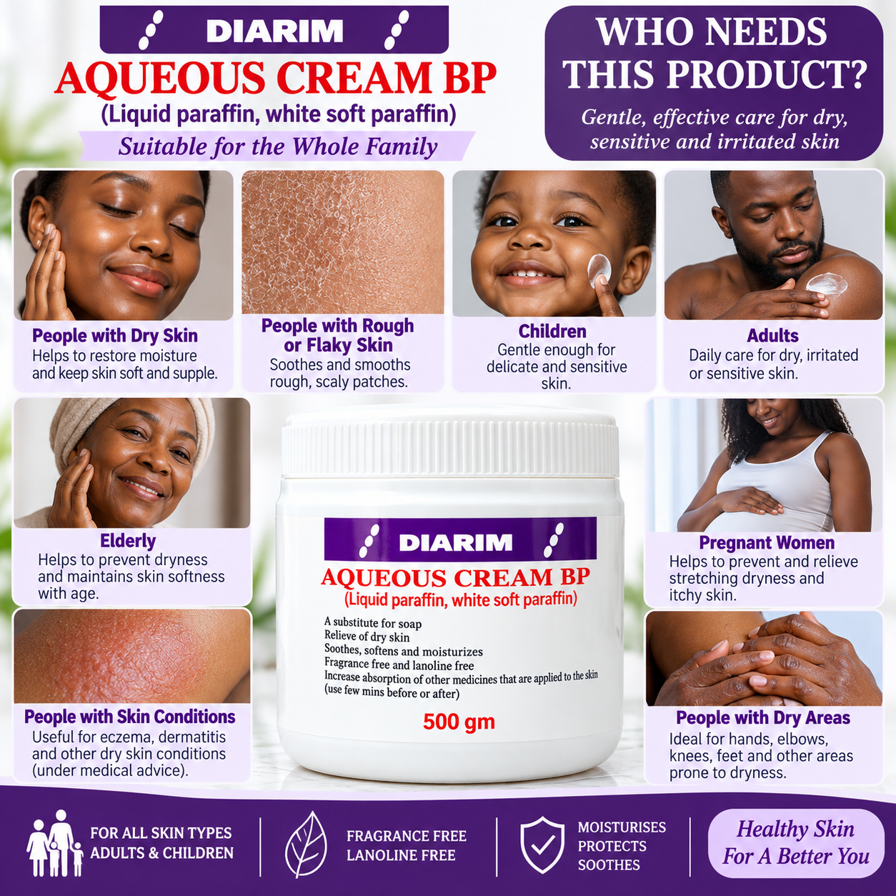 Diarim Aqueous Cream BP 500g Moisturizer for Dry Sensitive Skin Fragrance Free Lanolin Free Body Cream Hydrating Skin Softening Cream