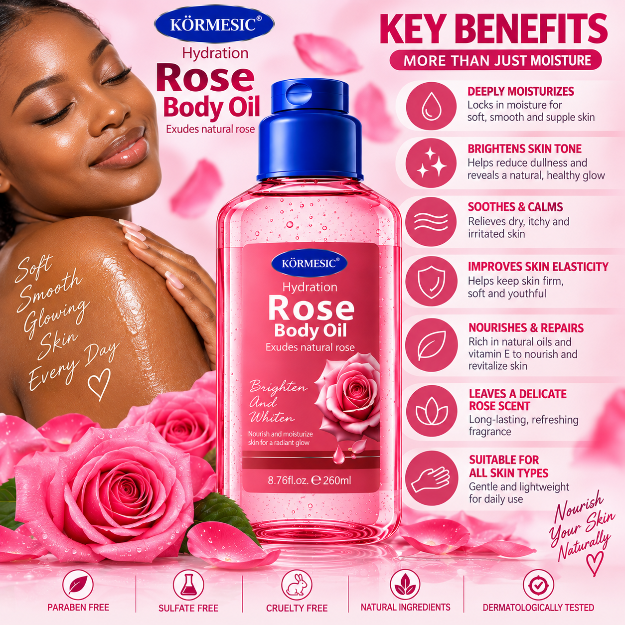 KÖRMESIC Rose Body Oil 260ml 8.76fl oz Hydrating Moisturizing Brightening Body Oil for Dry Skin Nourishing Glow Oil Soft Smooth Radiant Skin Daily Body Care