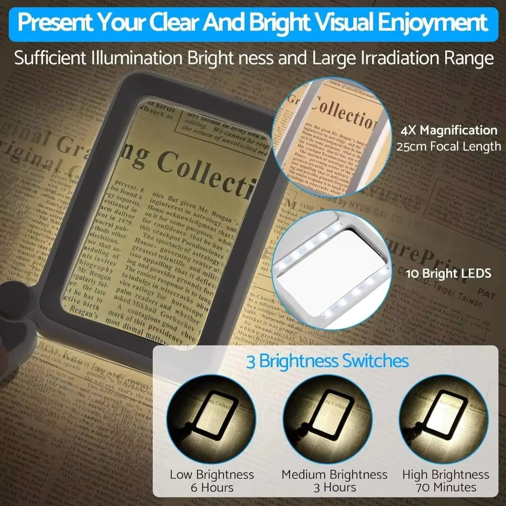 4X Magnification Magnifying Glass 10 LED Lights 3 Lighting Modes Rechargeable Magnifier USB Rechargeable Large Lens